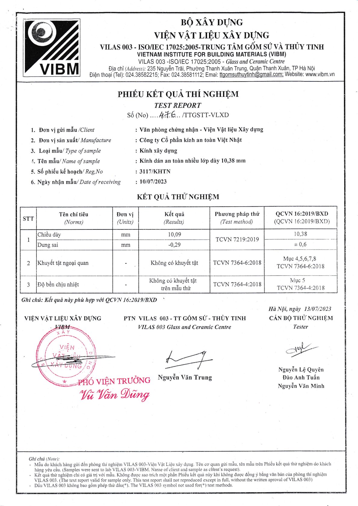 Phiếu kết quả thử nghiệm kính an toàn nhiều lớp Việt Nhật dày 10,38 mm của Viện Vật liệu Xây dựng